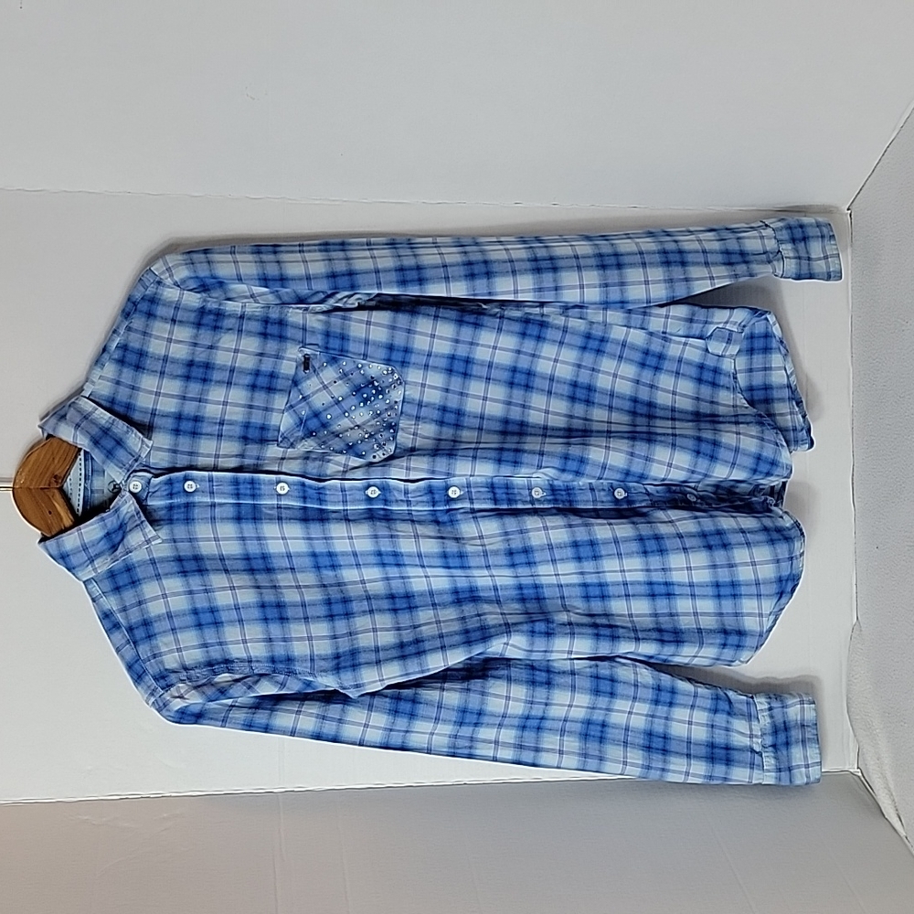 PINK Victoria's Secret Women's Blue Plaid W/ Rhinestone Accent Button Up Top, S
